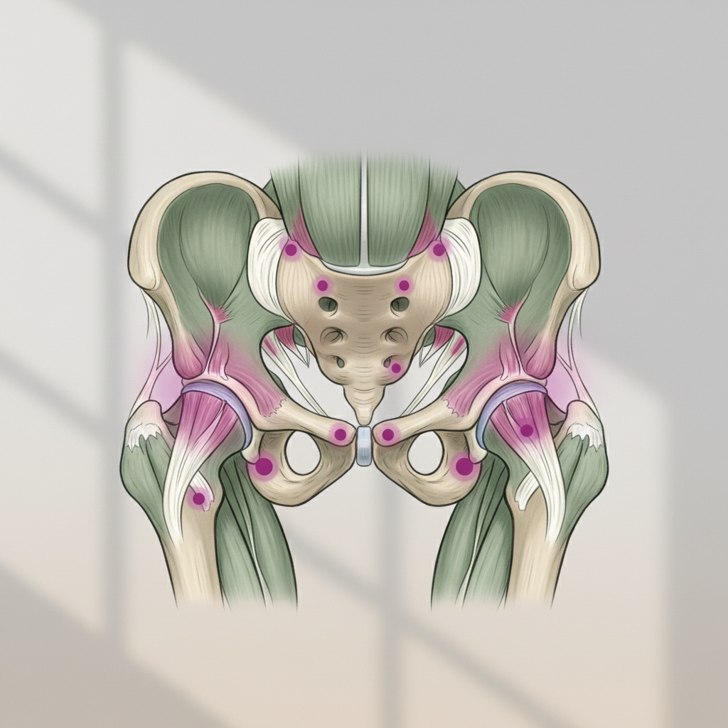 En illustrasjon som viser hofteleddet med muskler og sener i nært hold, markert med smertepunkter.