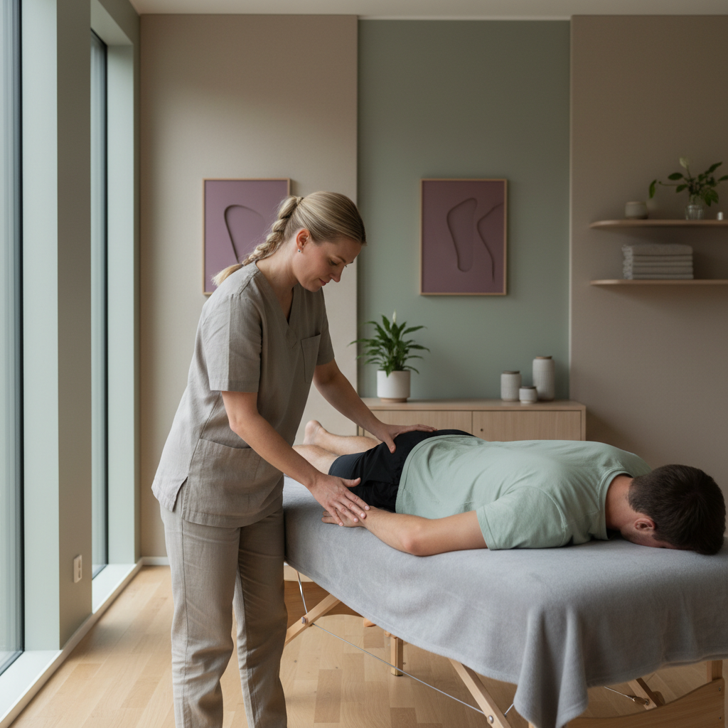 En naprapat som undersøker hoften til en pasient på en benk, med fokus på manuelle teknikker.