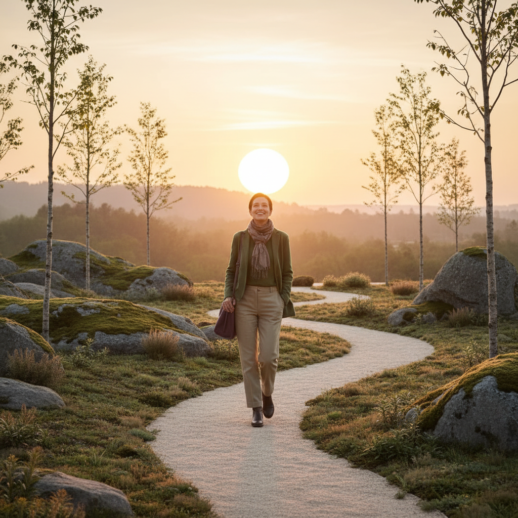 En person som går langs en sti i naturen, smilende og ser ut til å ha det bra, med en solnedgang i bakgrunnen.