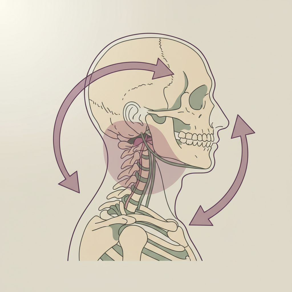 Illustrasjon av anatomisk nakkeskade etter whiplash, med piler som viser hodets bevegelsesretning