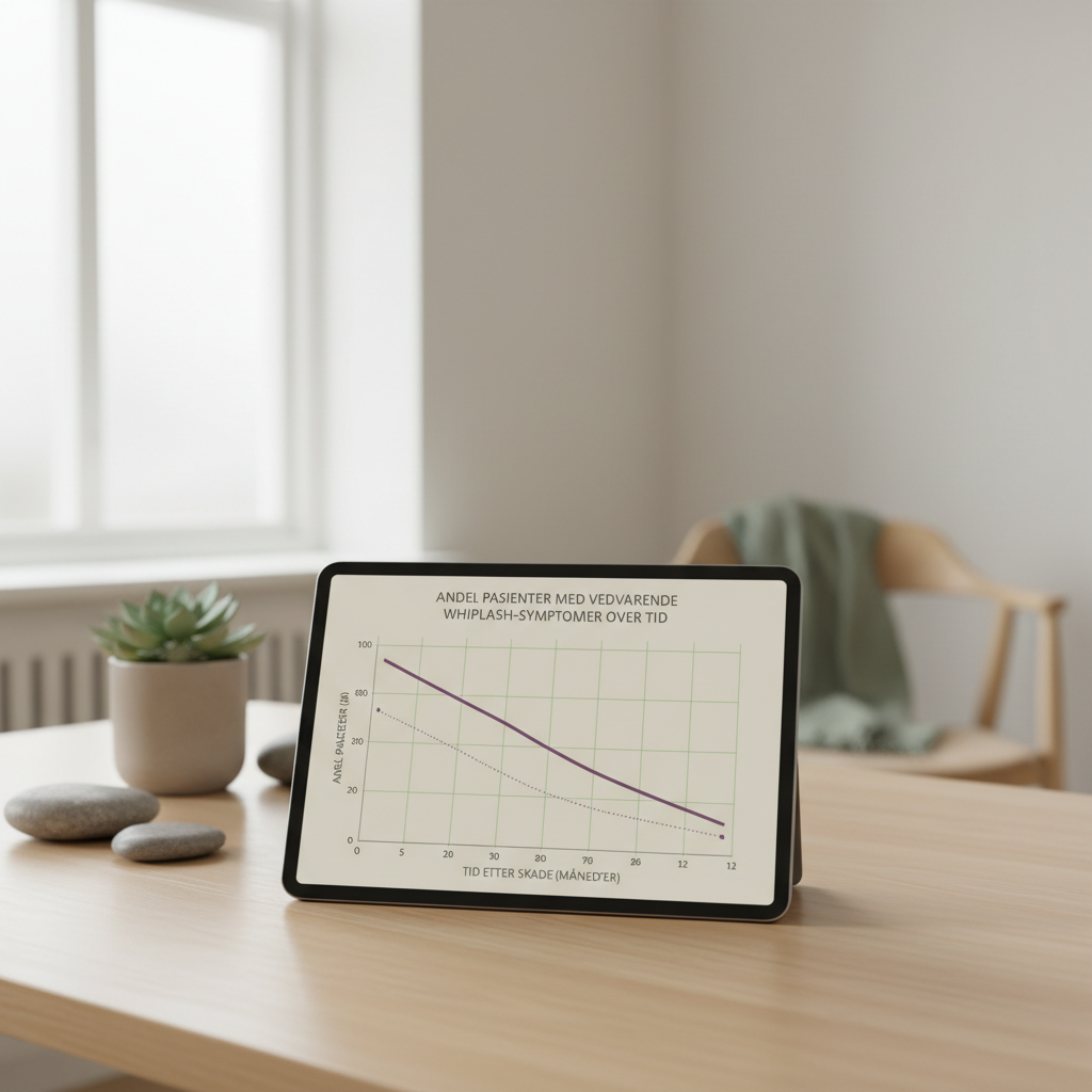 Diagram som viser andel pasienter med vedvarende whiplash-symptomer over tid