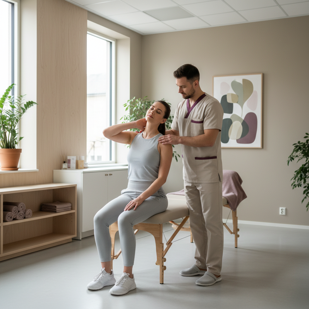 En pasient utfører en lett nakkeøvelse assistert av en naprapat, i en moderne og lys klinikk