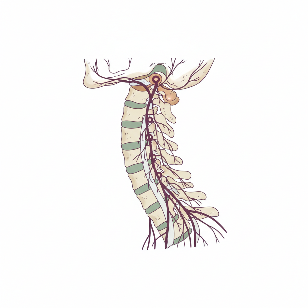 En illustrasjon av nakkens anatomi med fokus på ledd og nerver, som en referanse til årsaker for svimmelhet